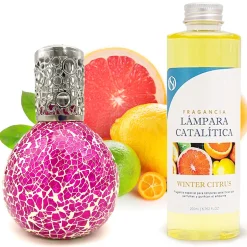 Mamamanuela Lampe catalytique Mosaïque Fuchsia + Parfum Winter Citrus 500 ml - Élimine mauvaises odeurs, parfume et améliore qualité de l'air