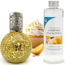 Mamamanuela Lampe catalytique Mosaïque Doré + Parfum Lemon Cake 200 ml - Élimine mauvaises odeurs, parfume et améliore qualité de l'air Outlet