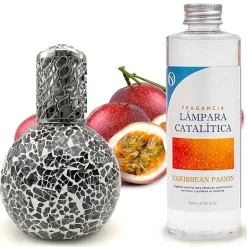 Mamamanuela Lampe catalytique Mosaïque Noir + Parfum Caribbean Passion 200 ml - Élimine mauvaises odeurs, parfume et améliore qualité de l'air