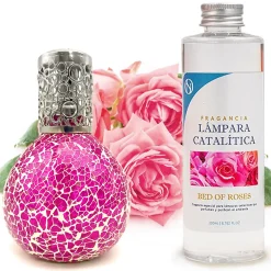Mamamanuela Lampe catalytique Mosaïque Fuchsia + Parfum Bed of Roses 500 ml - Élimine mauvaises odeurs, parfume et améliore qualité de l'air