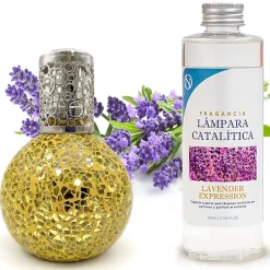 Mamamanuela Lampe catalytique Mosaïque Doré + Parfum Lavender Expression 200 ml. Élimine mauvaises odeurs, parfume et améliore qualité de air