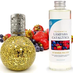 Mamamanuela Lampe catalytique Mosaïque Doré + Arôme Summer Fruits 500 ml - Élimine mauvaises odeurs, parfume et améliore la qualité de l'air Online