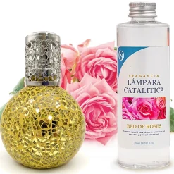 Mamamanuela Lampe catalytique Mosaïque Doré + Parfum Bed of Roses 200 ml - Élimine mauvaises odeurs, parfume et améliore la qualité de l'air