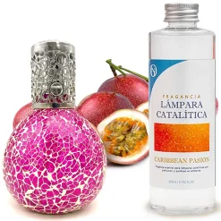 Mamamanuela Lampe catalytique Mosaïque Fuchsia + Caribbean Passion 500 ml - Élimine mauvaises odeurs, parfume et améliore qualité de l'air
