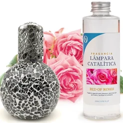 Mamamanuela Lampe catalytique Mosaïque Noir + Parfum Bed of Roses 200 ml - Élimine mauvaises odeurs, parfume et améliore la qualité de l'air