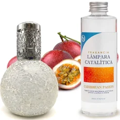 Mamamanuela Lampe catalytique Mosaïque Blanc + Parfum Caribbean Passion 200ml. Élimine mauvaises odeurs, parfume et améliore qualité de l'air New