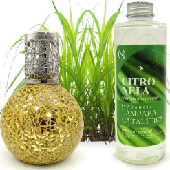 Mamamanuela Lampe catalytique Mosaïque Doré + Parfum Citronnelle 200 ml - Élimine mauvaises odeurs, parfume et améliore la qualité de l'air