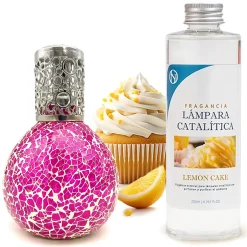 Mamamanuela Lampe catalytique Mosaïque Fuchsia + Parfum Lemon Cake 500 ml - Élimine mauvaises odeurs, parfume et améliore qualité de l'air