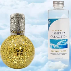 Mamamanuela Lampe catalytique Mosaïque Doré + Parfum Cotton Clean 500 ml - Élimine mauvaises odeurs, parfume et améliore la qualité de l'air