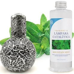 Mamamanuela Lampe catalytique Mosaïque Noir + Parfum Mountain Mint 500 ml - Élimine mauvaises odeurs, parfume et améliore la qualité de l'air