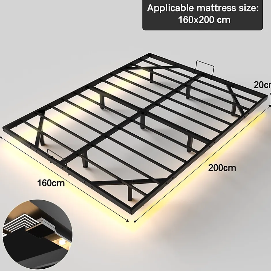 Teeno LED cadre de lit en métal, 160x200 cm, hauteur 20 cm, cadre flottant Clearance