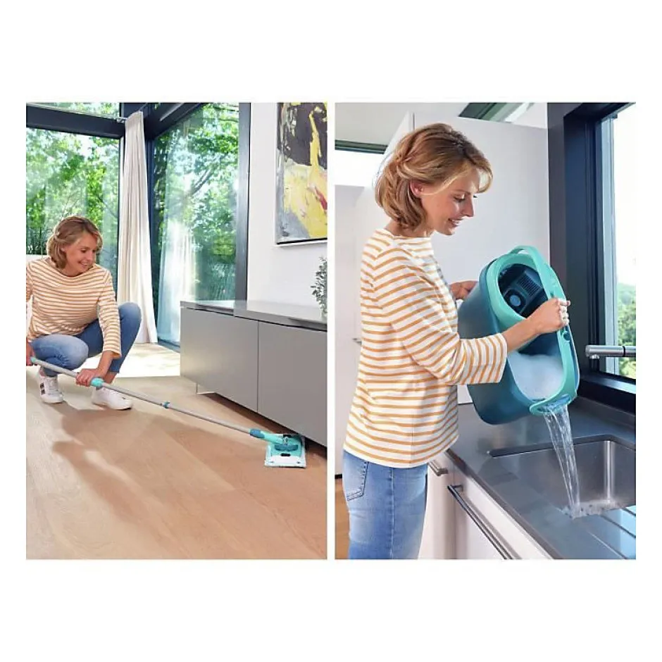 Leifheit Clean Twist M Ergo mobile 52121 Kit de nettoyage sol - Balai a plat lave sol avec housse, seau a essorage facile, roule