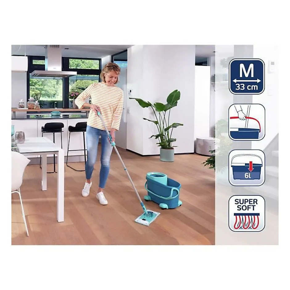 Leifheit Clean Twist M Ergo mobile 52121 Kit de nettoyage sol - Balai a plat lave sol avec housse, seau a essorage facile, roule