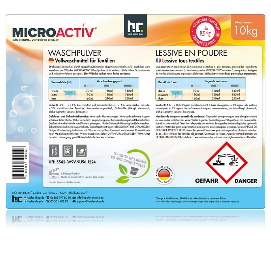 Höfer Chemie Lessive En Poudre Microactiv, 400 kg, Puissante Pour Blanc Et Couleurs