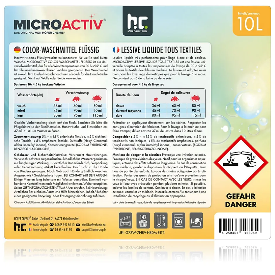 Höfer Chemie Lessive Liquide Microactiv 40 L Puissante Pour Blanc Et Couleurs, Se Dissout Facilement