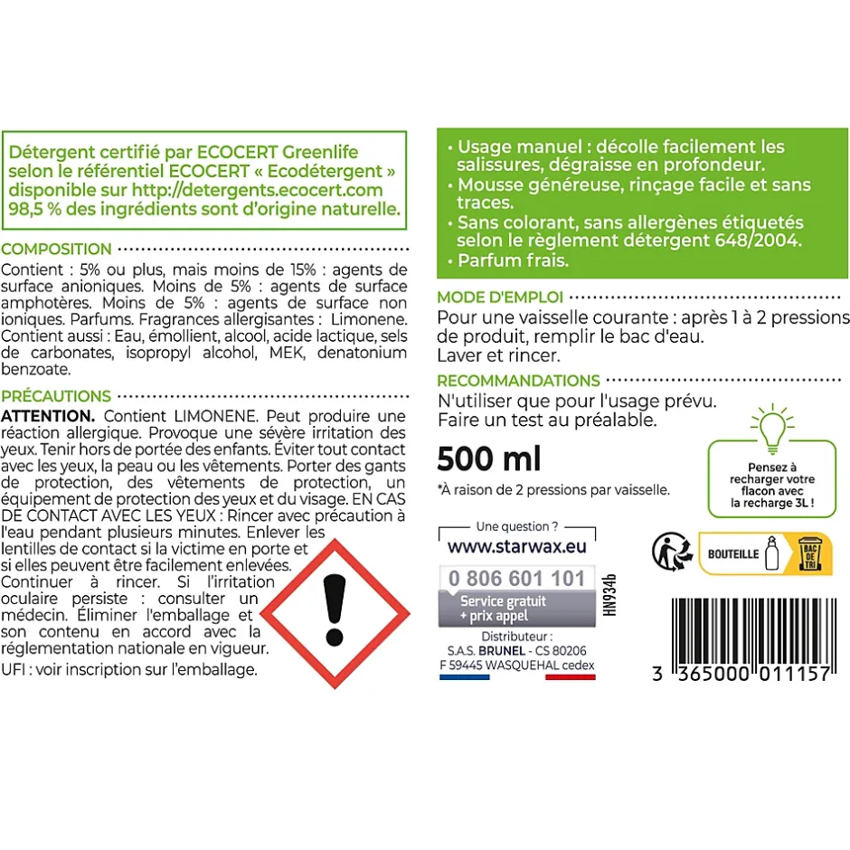Starwax Liquide vaisselle gel concentré SoluVert 0,5L Hot
