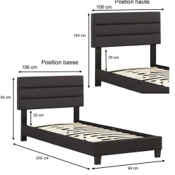 Idimex Lit 1 place FLORIDA, 90 x 190 cm, capitonné avec sommier, revêtement en tissu noir