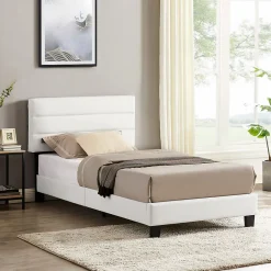 Idimex Lit 1 place HUDSON, 90 x 190 cm, capitonné avec sommier, revêtement synthétique blanc