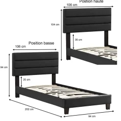 Idimex Lit 1 place HUDSON, 90 x 190 cm, capitonné avec sommier, revêtement synthétique noir
