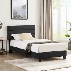 Idimex Lit 1 place HUDSON, 90 x 190 cm, capitonné avec sommier, revêtement synthétique noir
