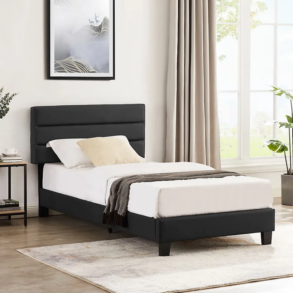 Idimex Lit 1 place HUDSON, 90 x 190 cm, capitonné avec sommier, revêtement synthétique noir