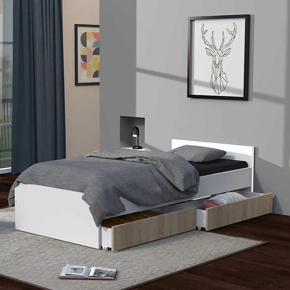 Bb Loisir Lit 1 place 90x190cm blanc KIAPA Blanc inclus sommier et 2 tiroirs Chêne pour rangement