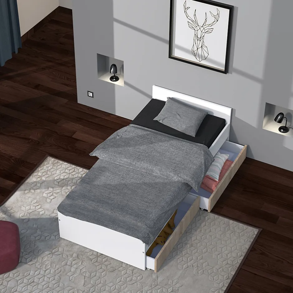 Bb Loisir Lit 1 place 90x190cm blanc KIAPA Blanc inclus sommier et 2 tiroirs Chêne pour rangement