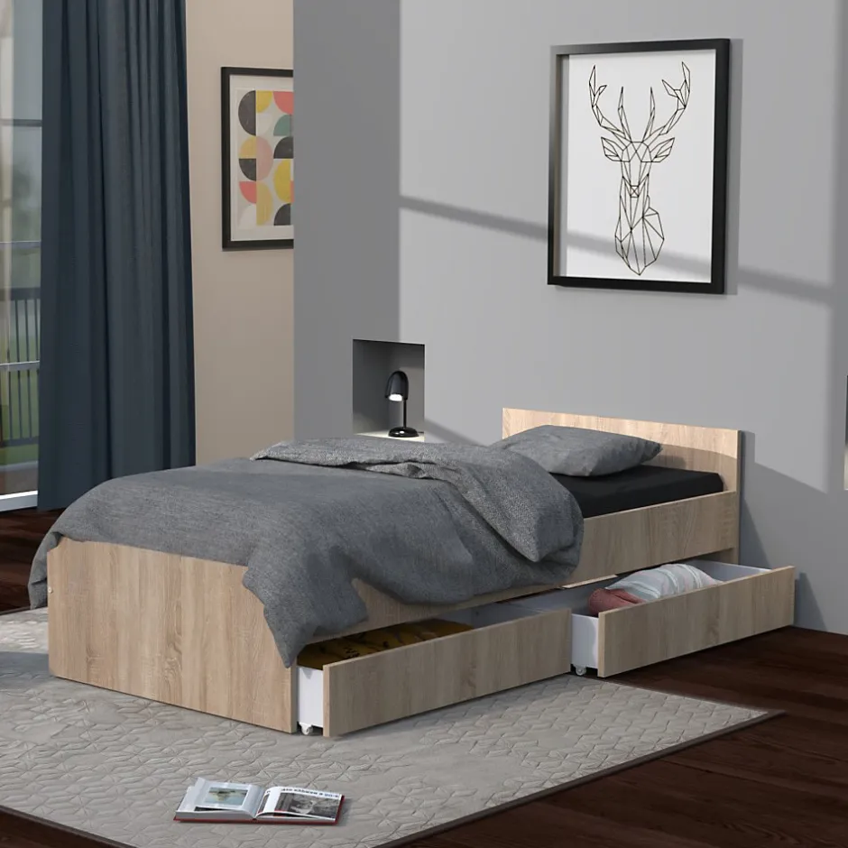 Bb Loisir Lit 1 place 90x190cm blanc KIAPA couleur chêne inclus sommier et 2 tiroirs pour rangement