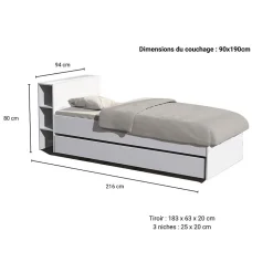 Bb Loisir Lit 1 place 90x190cm blanc ROGO inclus tete de lit avec étageres