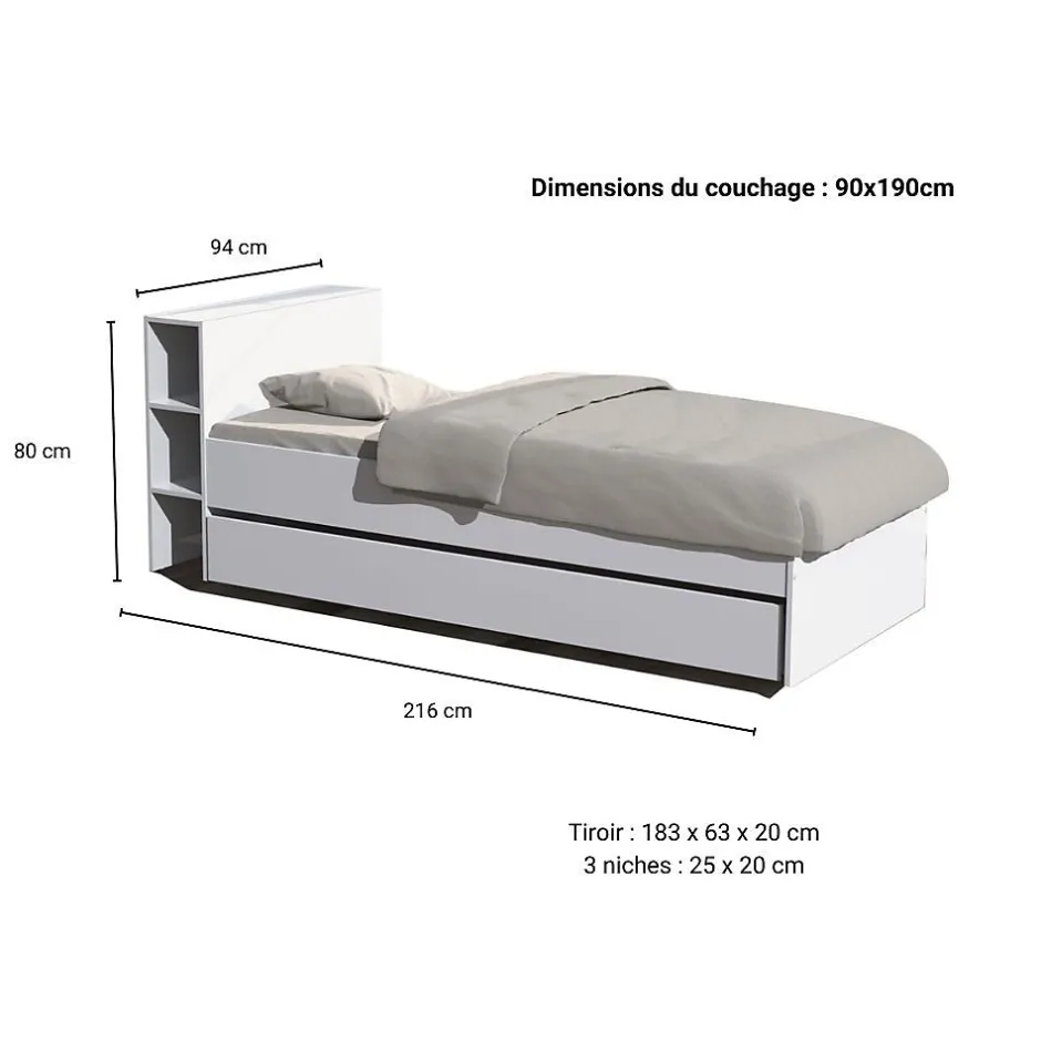 Bb Loisir Lit 1 place 90x190cm blanc ROGO inclus tete de lit avec étageres
