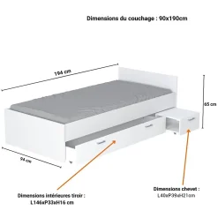 Bb Loisir Lit 1 place 90x190cm blanc TIDO inclus chevet et tiroir pour rangement Discount