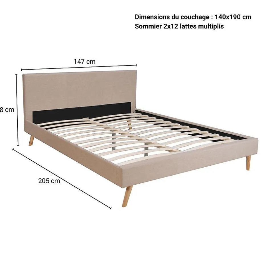 Bb Loisir Lit 2 places 140x190cm Beige FIONI inclus sommier et tête de lit New