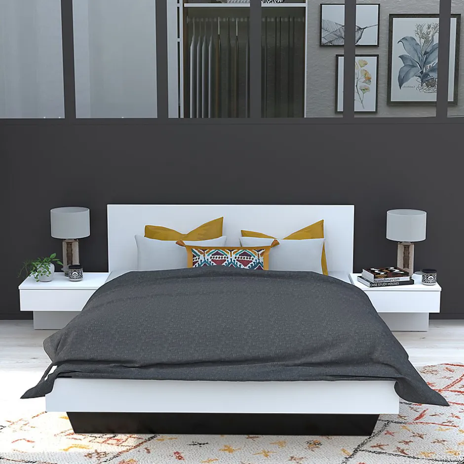 Bb Loisir Lit 2 places 140x190cm Blanc CAIL inclus sommier et 2 chevets Discount