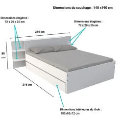 Bb Loisir Lit 2 places 140x190cm Blanc CITA inclus sommier et tete de lit chevet et tiroir
