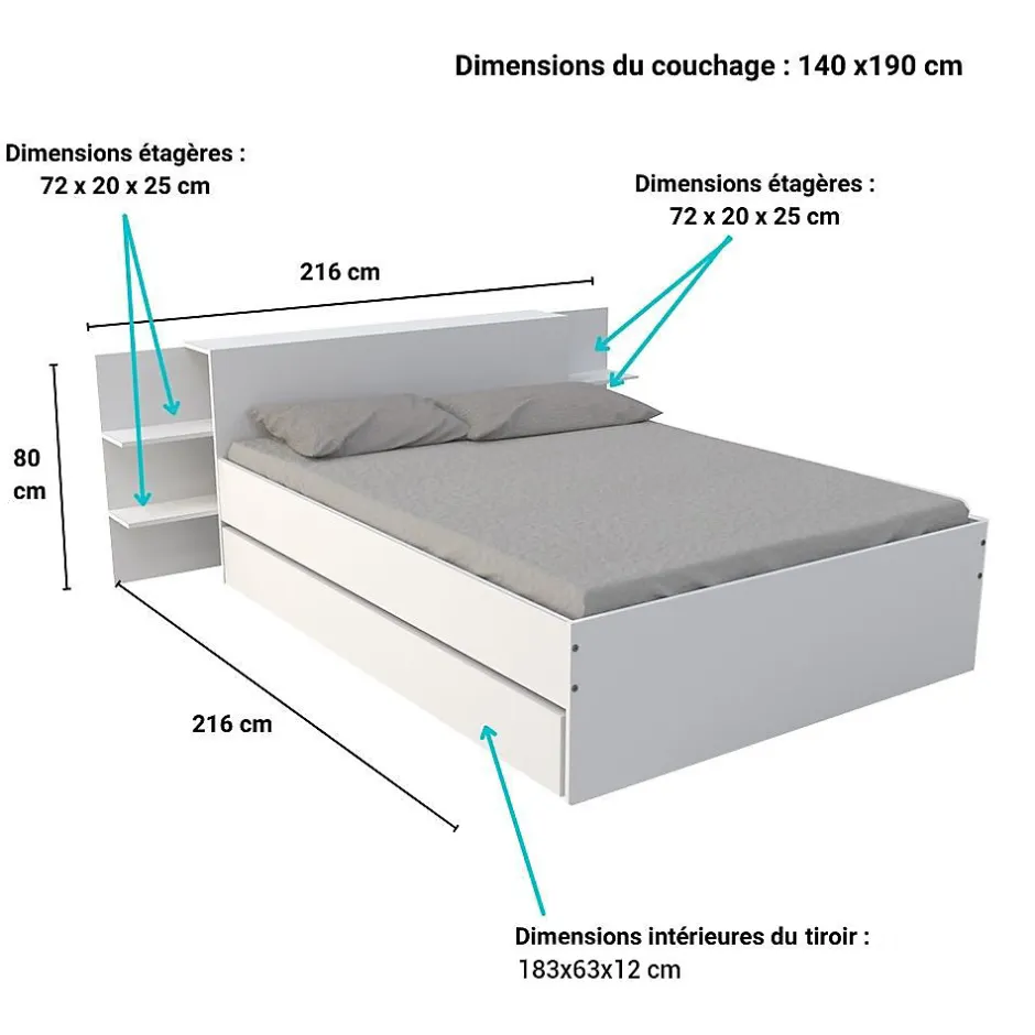 Bb Loisir Lit 2 places 140x190cm Blanc CITA inclus sommier et tete de lit chevet et tiroir