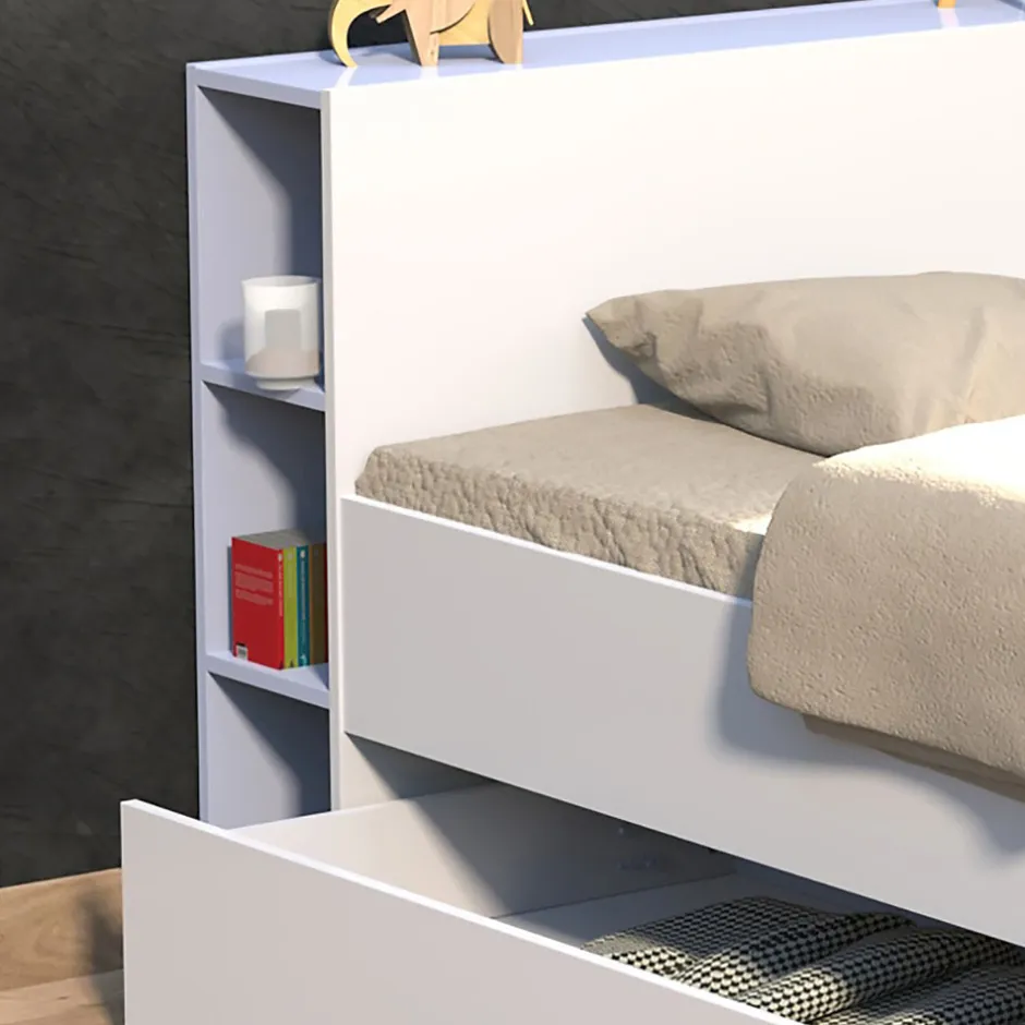 Bb Loisir Lit 2 places 140x190cm Blanc ROGO inclus sommier et tete de lit avec étageres et 2 tiroirs