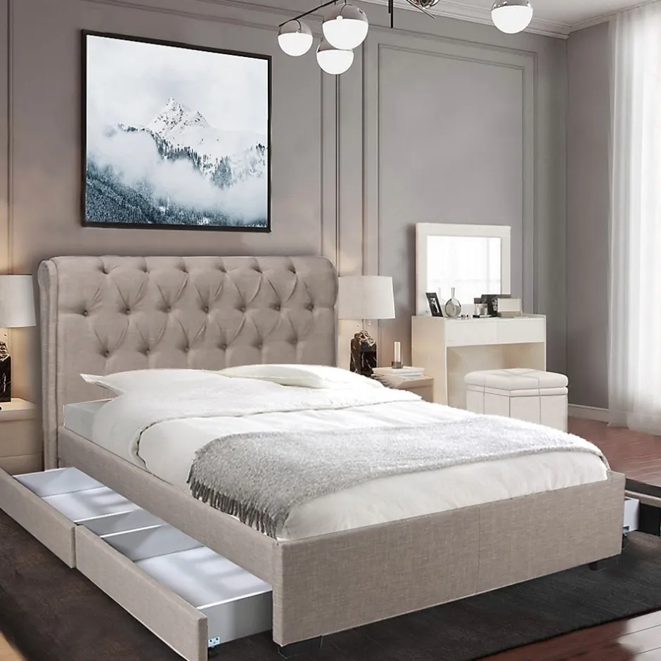 Bb Loisir Lit 2 places 140x190cm CHALIN beige avec tête de lit inclus sommier et 4 tiroirs pour rangement