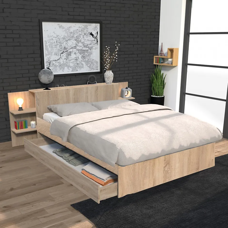 Bb Loisir Lit 2 places 140x190cm Chêne CITA inclus sommier et tete de lit chevet et tiroir Online