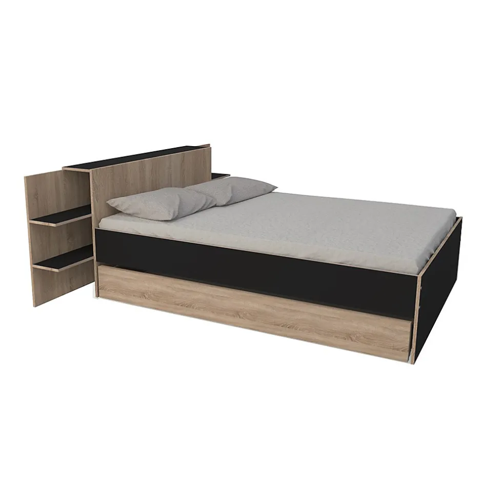Bb Loisir Lit 2 places 140x190cm Chêne et noir CITA inclus sommier et tete de lit chevet et tiroir