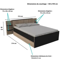 Bb Loisir Lit 2 places 140x190cm Chêne et noir CITA inclus sommier et tete de lit chevet et tiroir