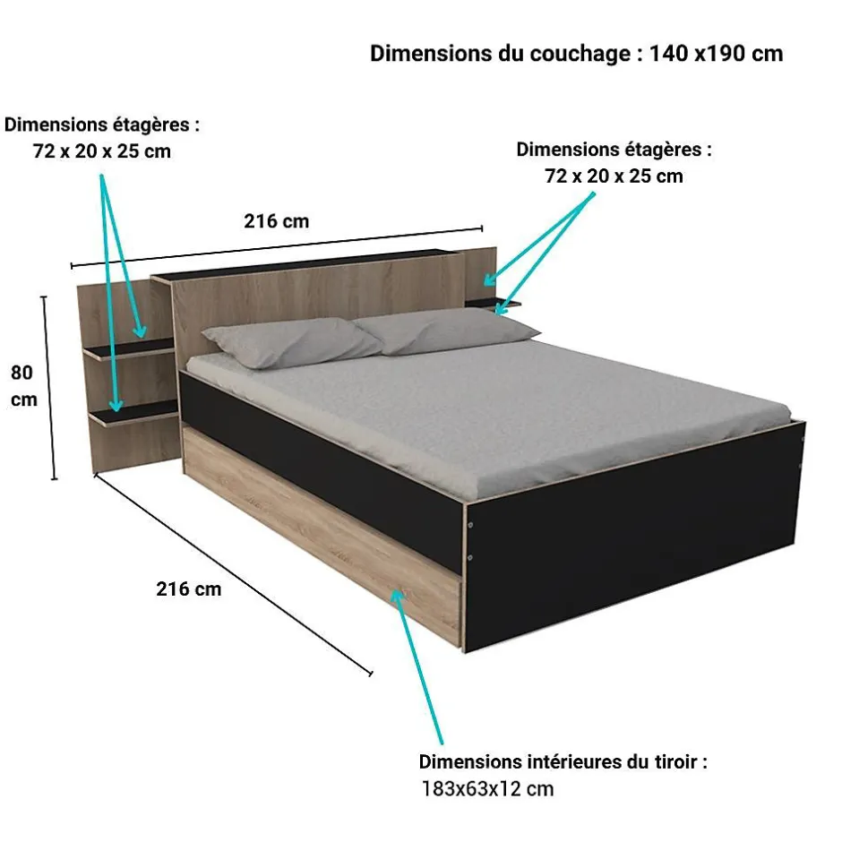 Bb Loisir Lit 2 places 140x190cm Chêne et noir CITA inclus sommier et tete de lit chevet et tiroir
