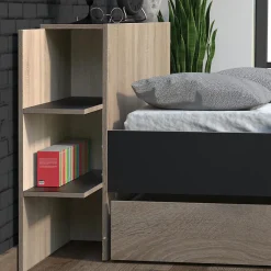 Bb Loisir Lit 2 places 140x190cm Chêne et noir CITA inclus sommier et tete de lit chevet et tiroir