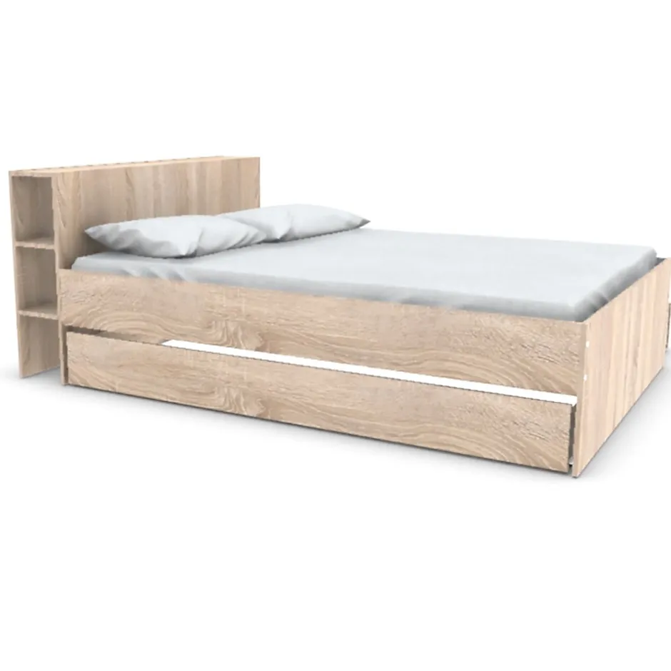 Bb Loisir Lit 2 places 140x190cm chêne ROGO inclus sommier et tete de lit avec étageres et 2 tiroirs Clearance