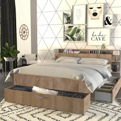 Bb Loisir Lit 2 places 140x190cm Chêne SAND inclus sommier et tete de lit et 2 tiroirs