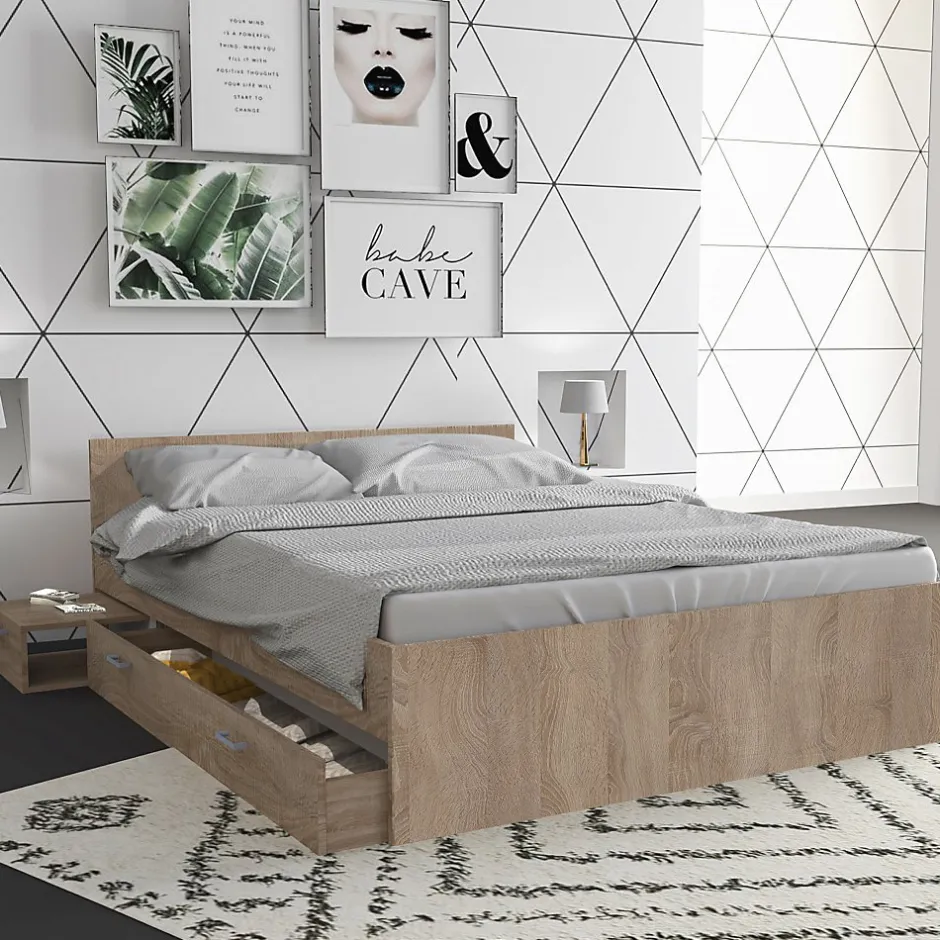 Bb Loisir Lit 2 places 140x190cm couleur Chêne TIDO inclus sommier, 1 chevet et 1 tiroir pour rangement