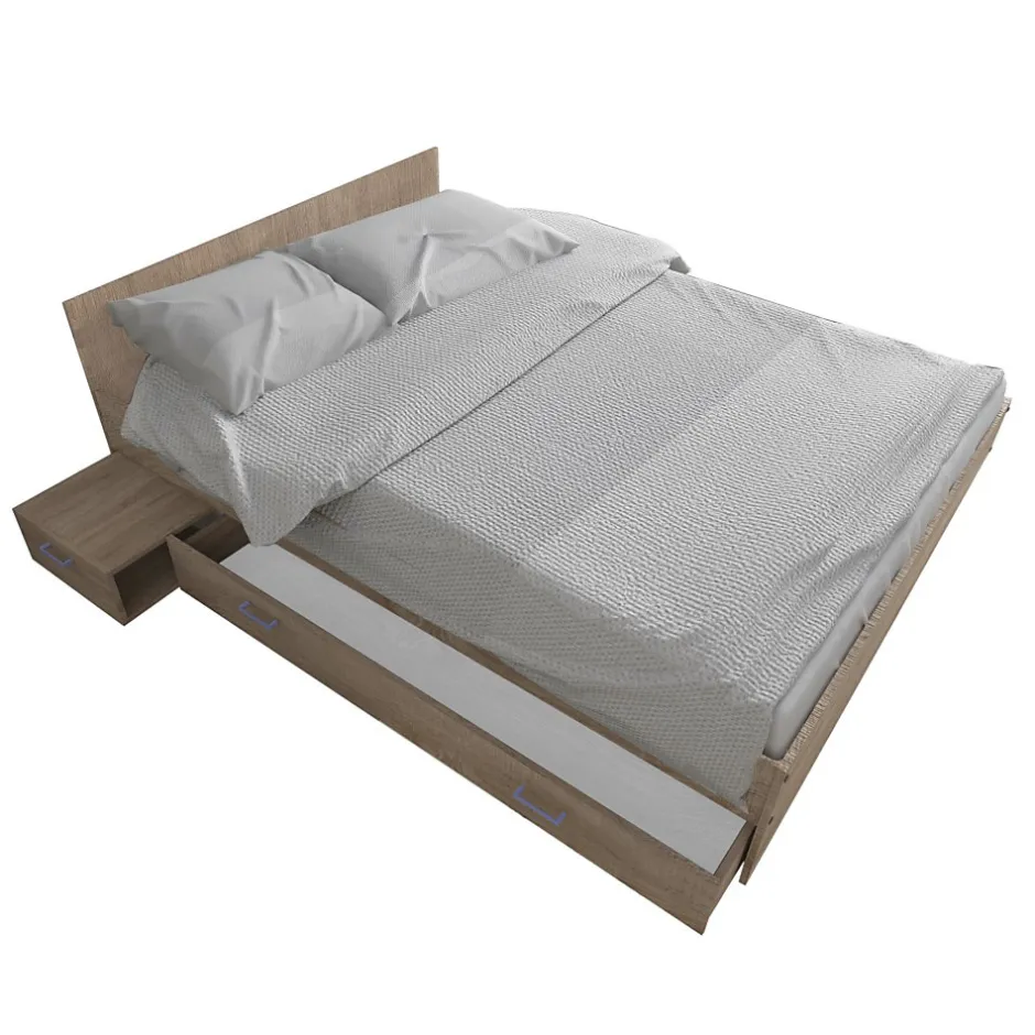 Bb Loisir Lit 2 places 140x190cm couleur Chêne TIDO inclus sommier, 1 chevet et 1 tiroir pour rangement