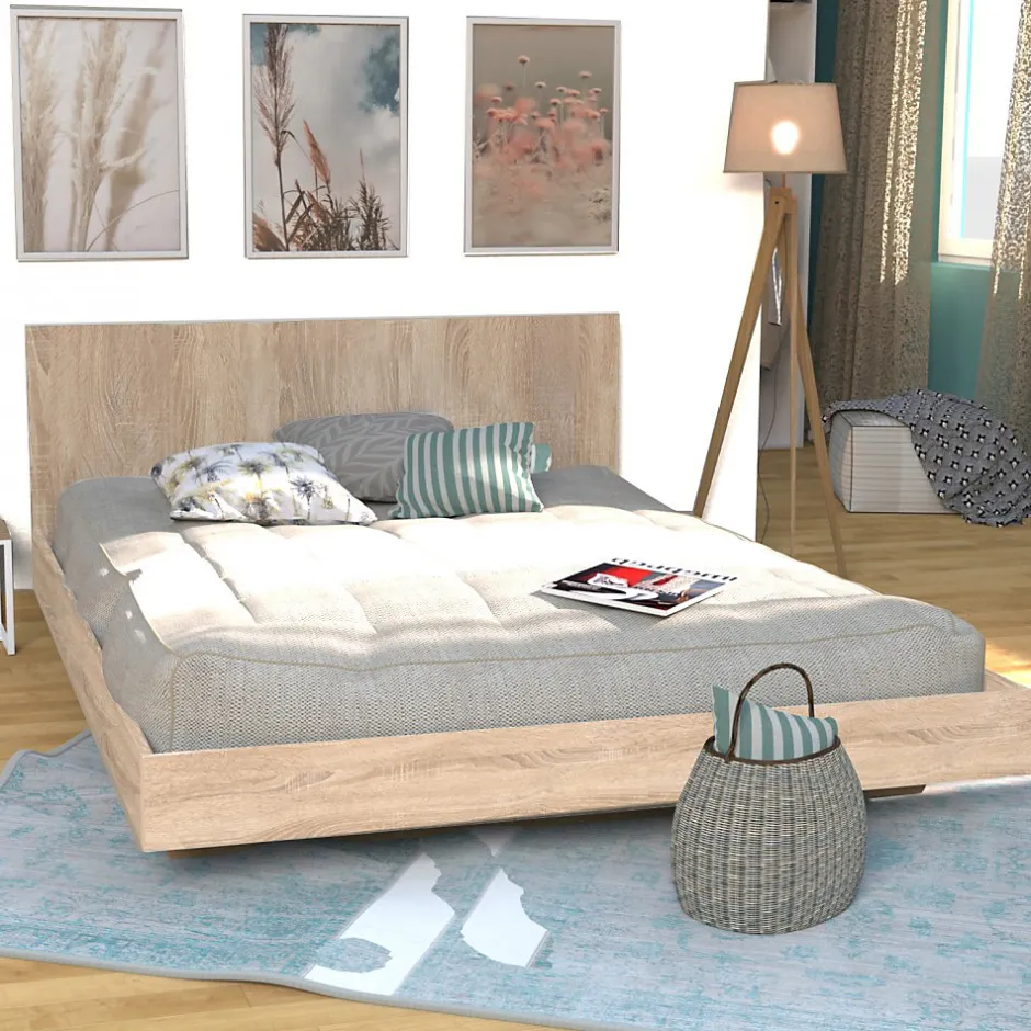 Bb Loisir Lit 2 places 160x200cm couleur chêne LIFA inclus sommier et tête de lit