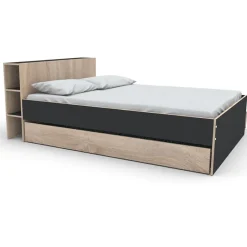 Bb Loisir Lit 2 places 160x200cm Noir et chêne ROGO inclus sommier et tete de lit avec étageres et 2 tiroirs