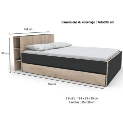 Bb Loisir Lit 2 places 160x200cm Noir et chêne ROGO inclus sommier et tete de lit avec étageres et 2 tiroirs