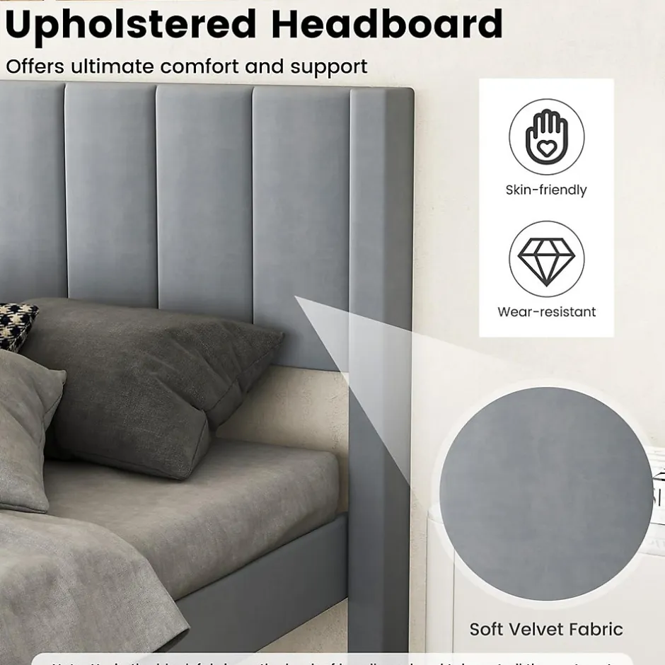 Giantex Lit 140 x 200 avec Sommier sans Matelas, Lit Capitonné avec Tete 140CM en Tissu Velours Doux, Lattes Bois, Charge 250KG (7 Bandes)